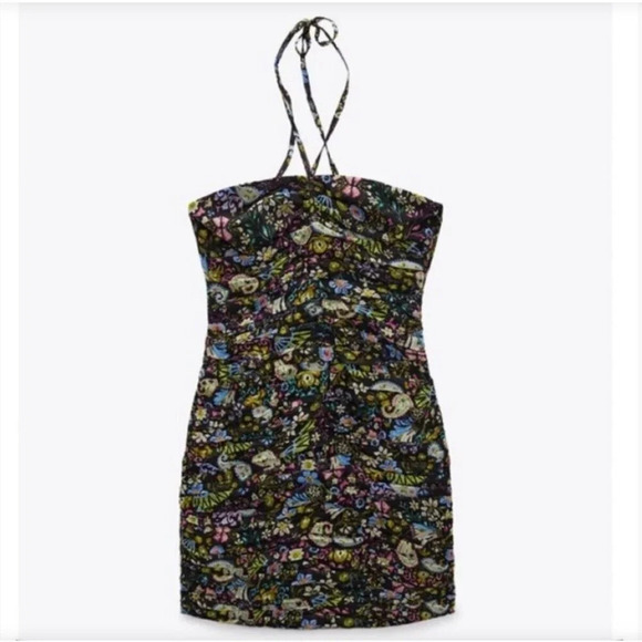 Zara Draped Floral  Halter Mini Dress Size Medium - Picture 4 of 11